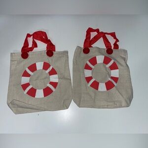 LOT of 2 Small Canvas Nautical Gift Bags  Red Life Buoy Trick Or Treat Bags
